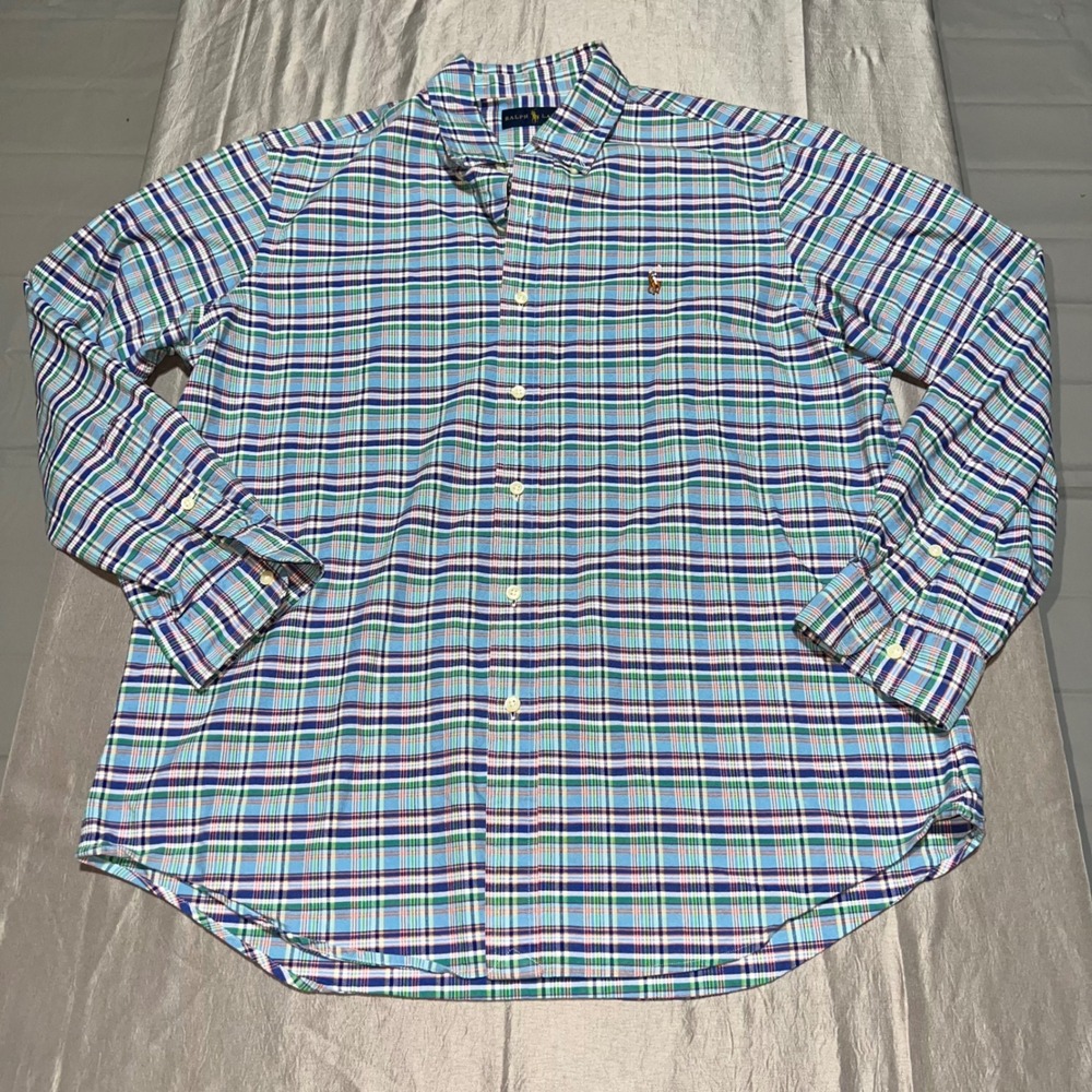 Ralph Lauren Mens Large Plaid‎ Button Down Shirt Blue Green Long Sleeve RN41381